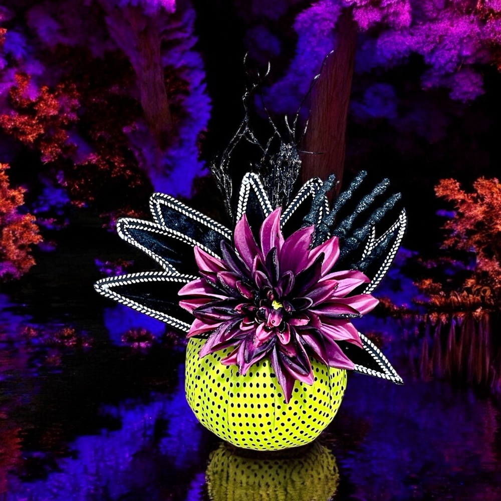 New handmade spooky Halloween polka dot pumpkin with flowers & creepy hand decor